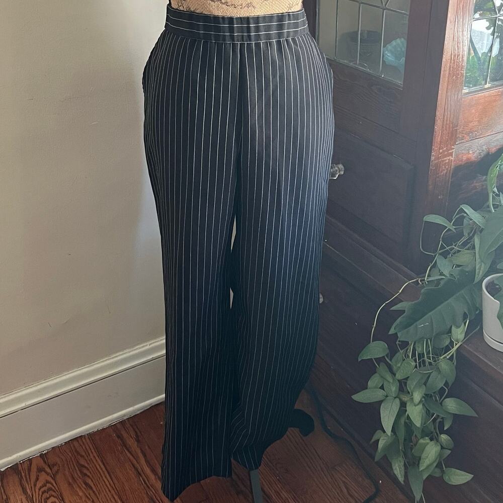 90s Y2K Vintage Roamans Black White Pinstripe Wide Leg Pants 10WP Soft Power - Picture 3 of 17